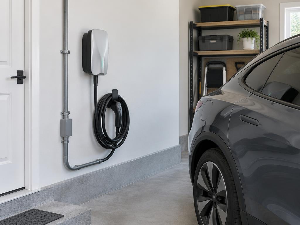 Home EV charger installed in a garage
