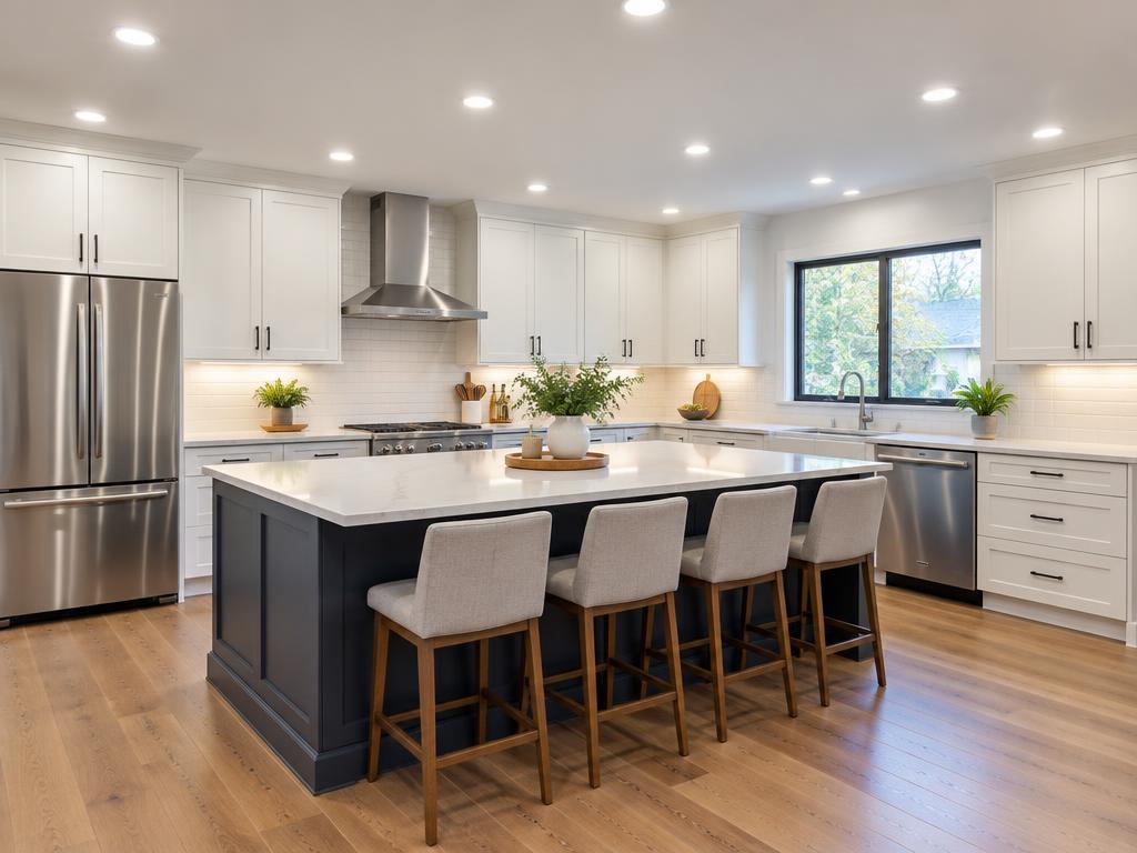 Completed recessed lighting installation in a kitchen