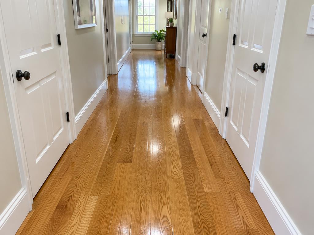 Freshly recoated oak hardwood floor in a hallway