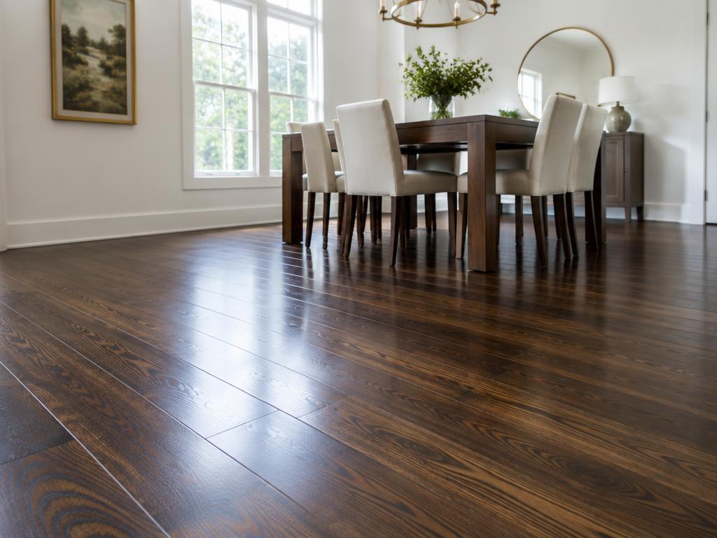 Restored dark-stained hardwood floor in a dining room