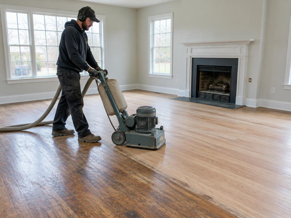 Specialist sanding worn oak hardwood floors