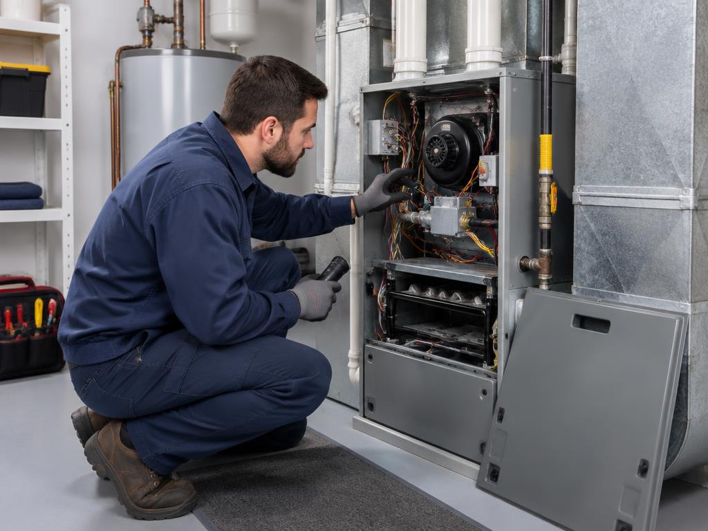 Technician servicing an indoor furnace
