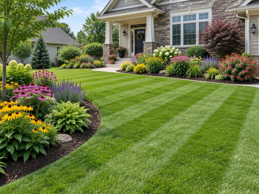 Maintained lawn with flowering garden borders