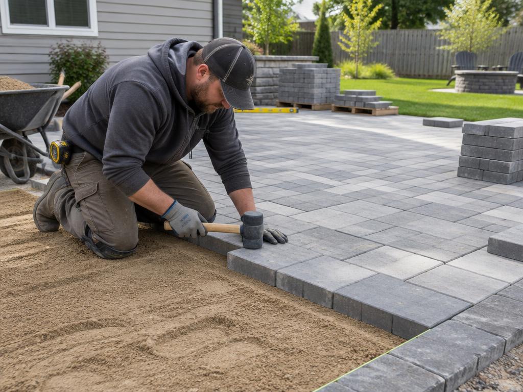 Landscaper installing a paver patio
