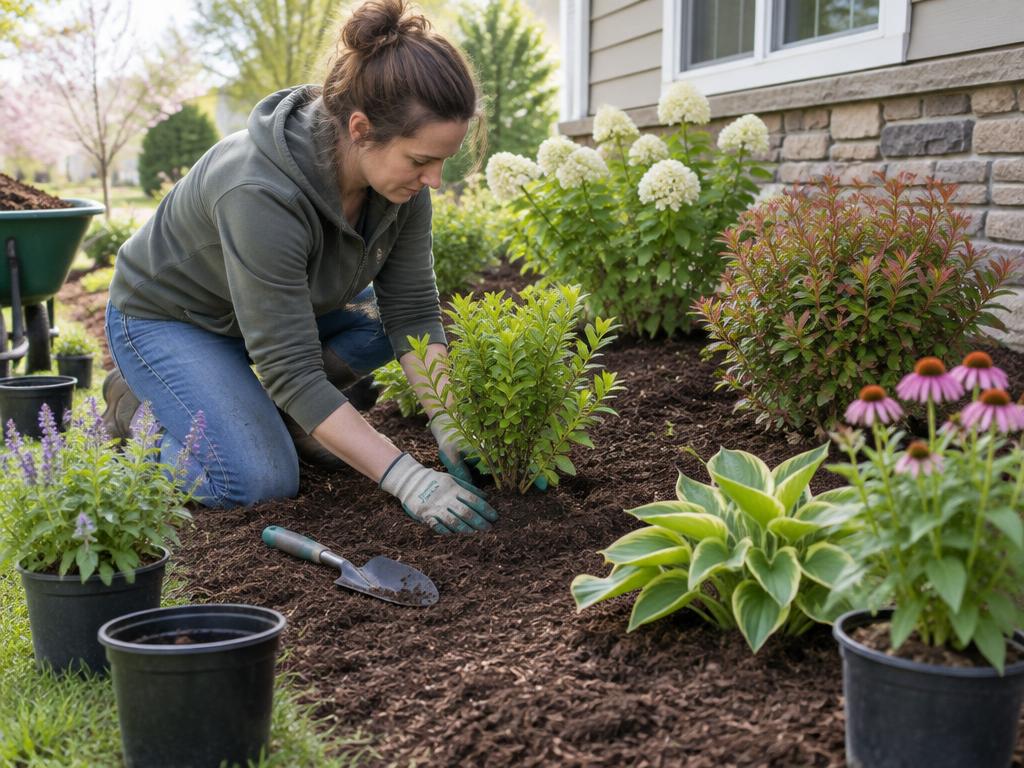 Gardener planting shrubs in a garden bed
