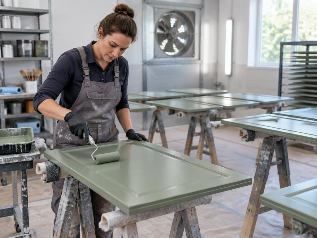 Painter coating kitchen cabinet doors in a workshop