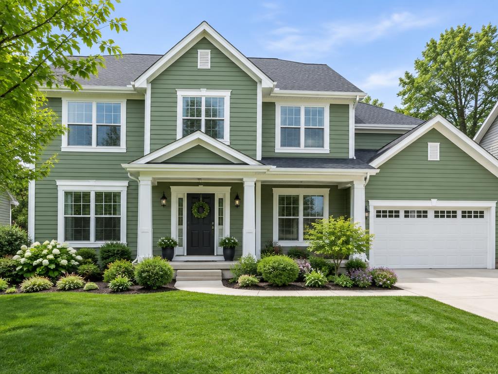 Fresh sage-green exterior paint with white trim