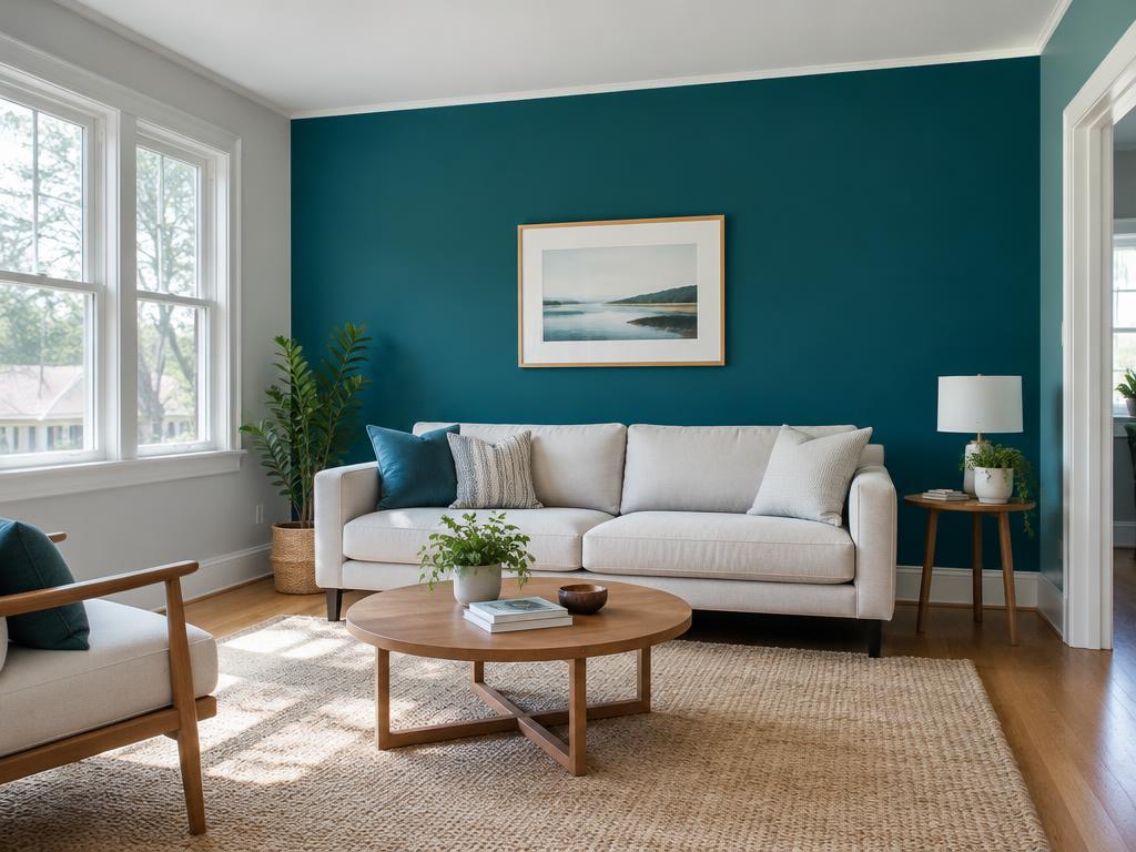 Finished living room with a teal accent wall