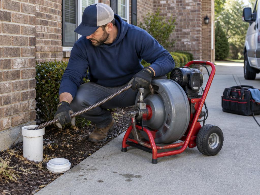 Plumber performing exterior drain service