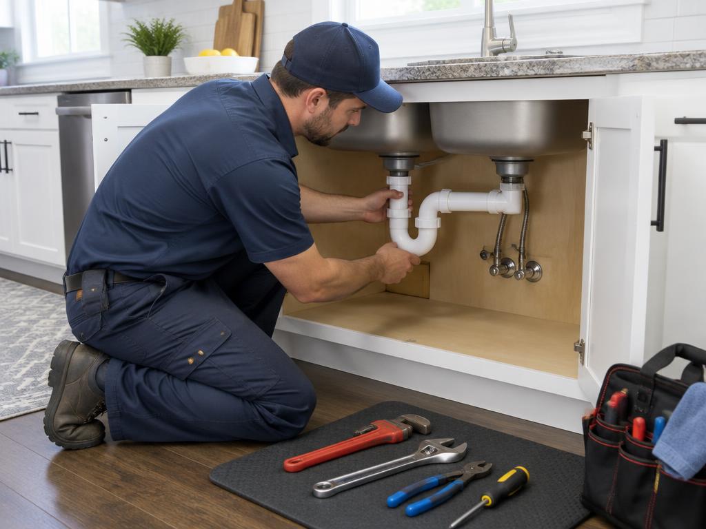 Plumber repairing pipes beneath a kitchen sink