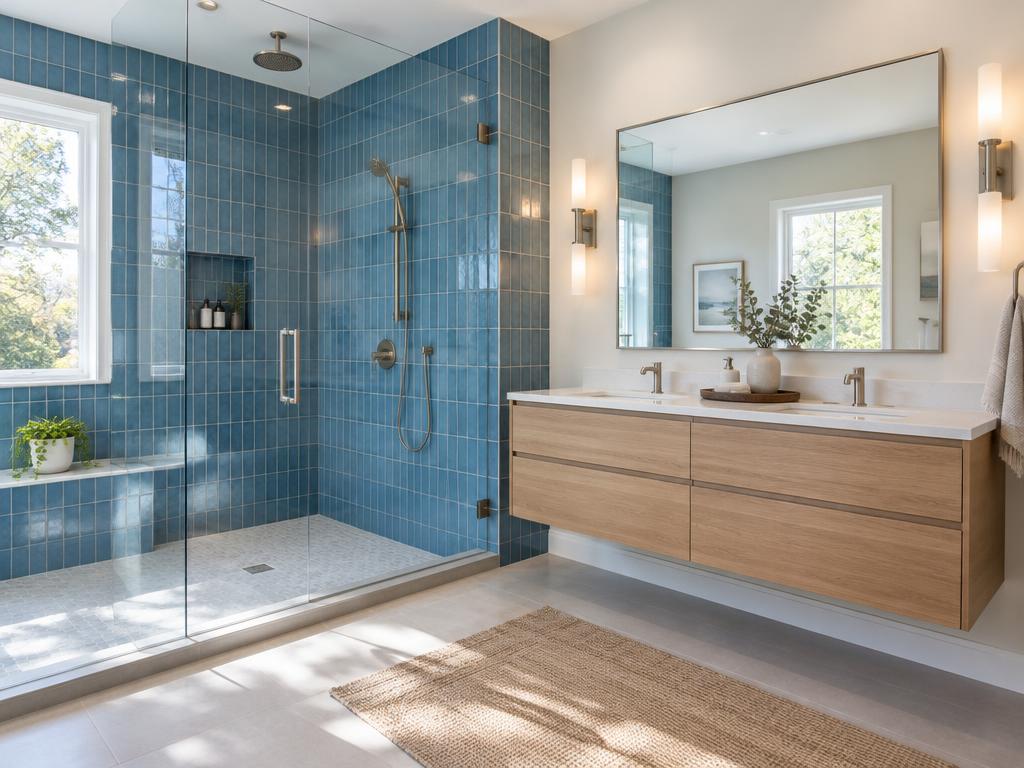 Remodeled bathroom with blue-tiled walk-in shower