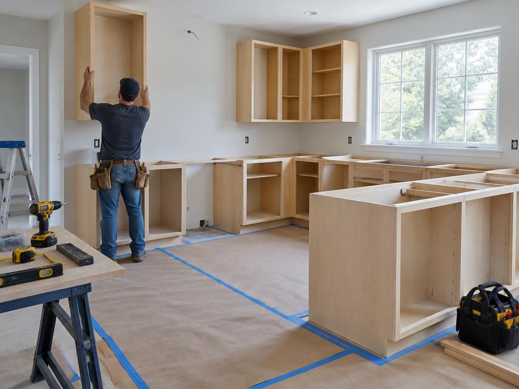 Carpenter installing kitchen cabinets during renovation