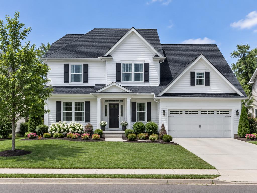 Completed charcoal shingle roof on a suburban home
