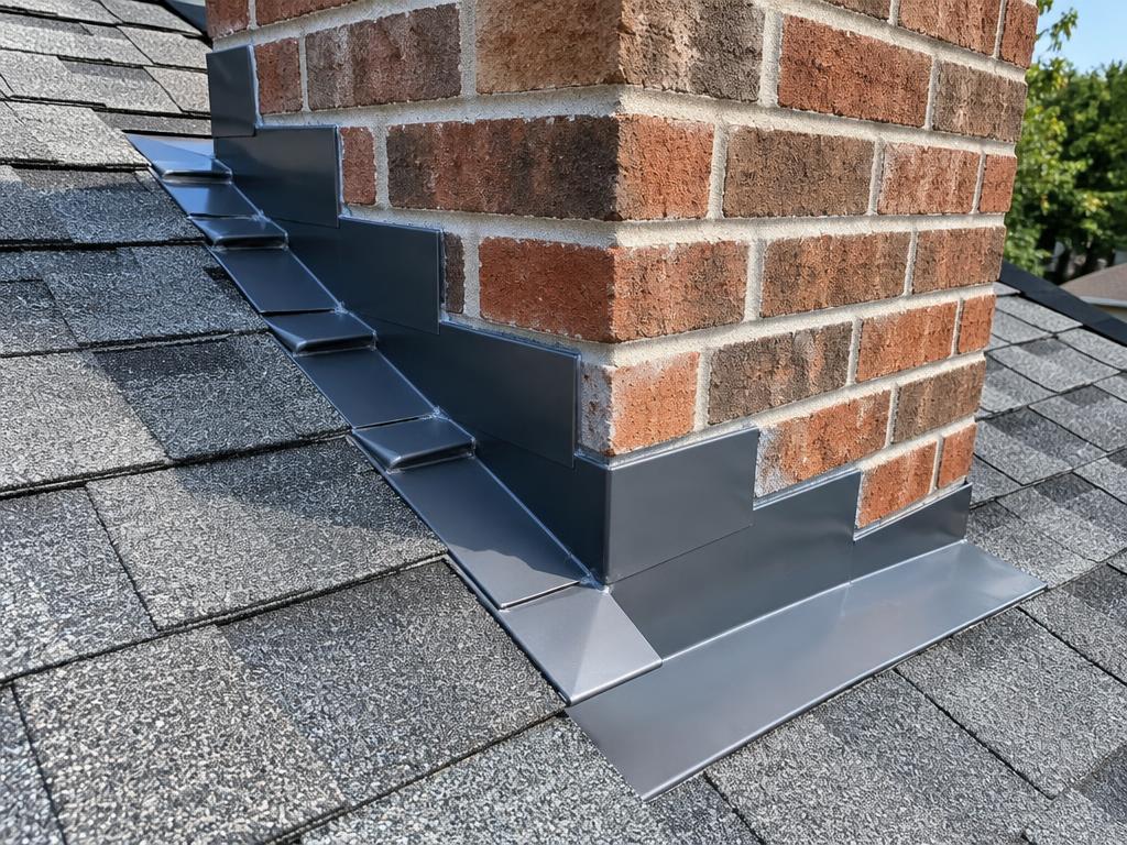 Repaired metal flashing around a brick chimney