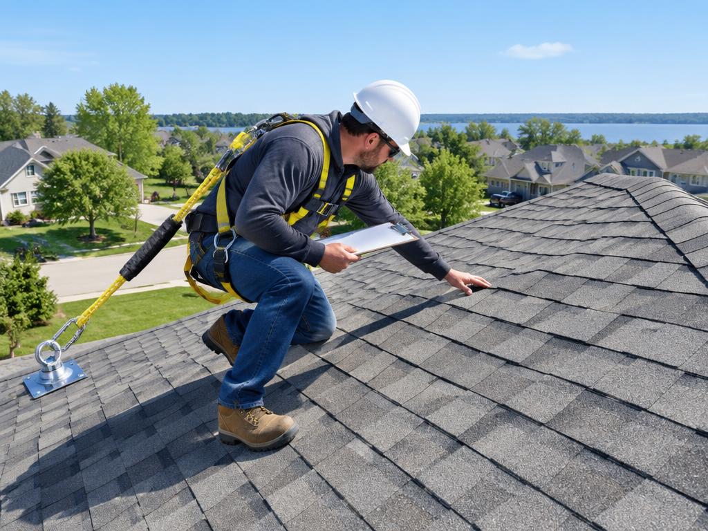 Roofer inspecting shingles with fall protection