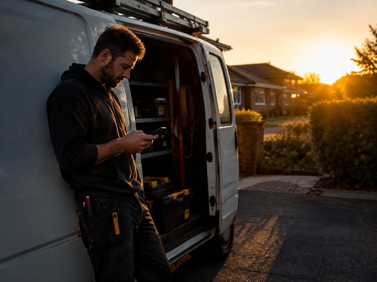 Tradesperson checking his phone beside his work van